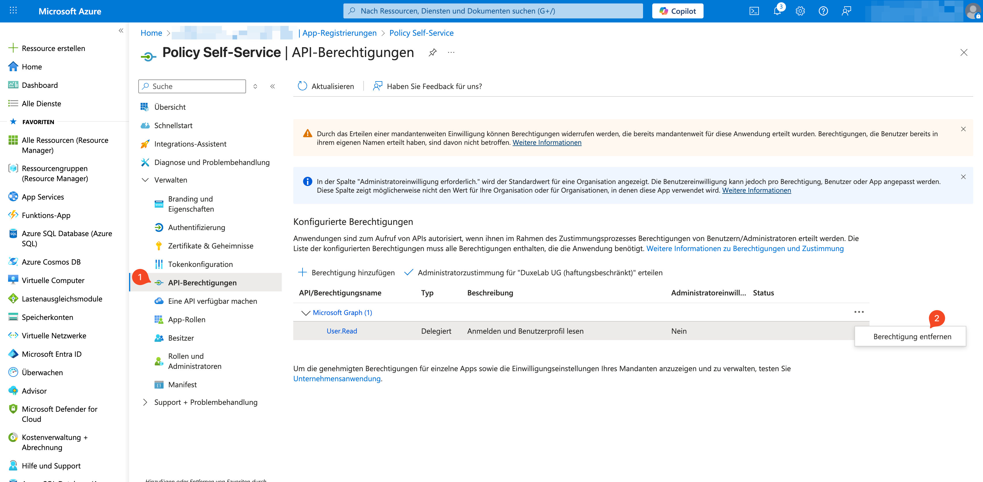 Entferne API-Berechtigung